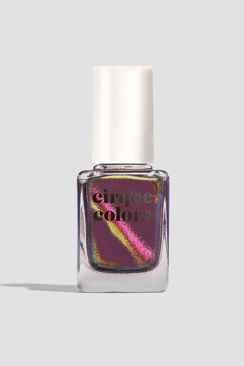 Cirque Colors Fool’s Paradise amethyst purple nail polish with rose pink-orange-gold-green multichrome magnetic pigment bottle