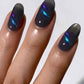 Cirque Colors Wishful Thinking smoke-gray magnetic nail polish with 3D aqua, blue, violet multichrome pigment on nails